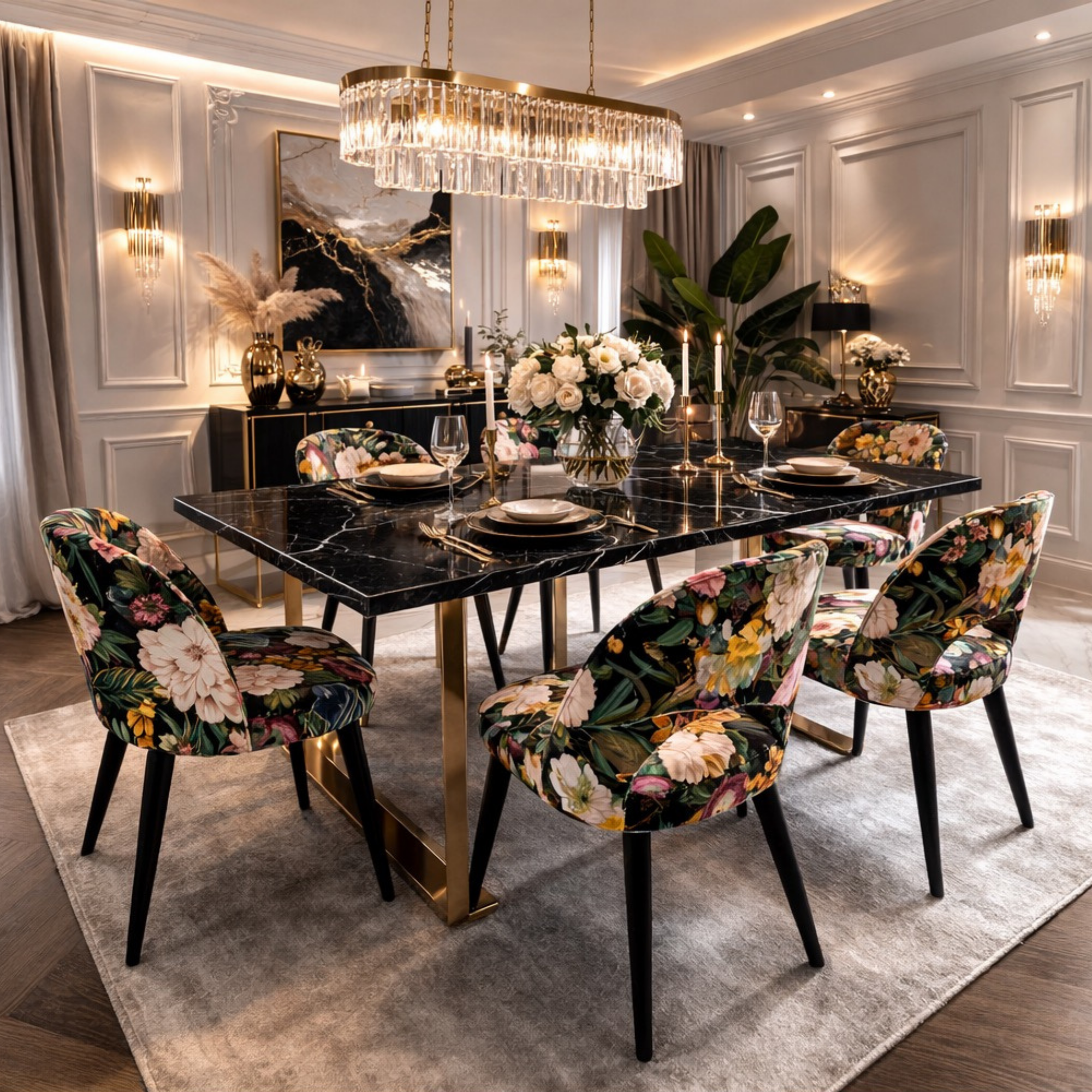 PRODUCENT Krzesło DELUXE KR-5 Tkanina Kwiaty Mix Czerń